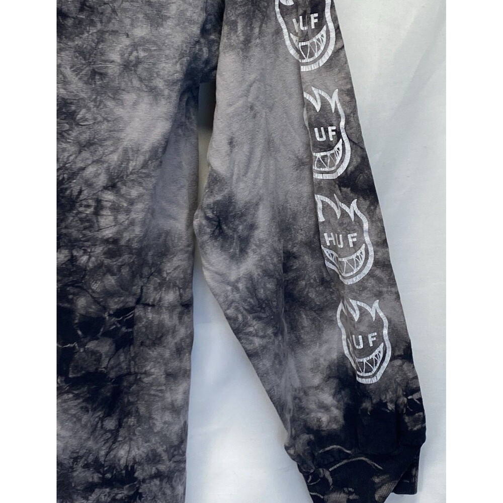 HUF x Spitfire Tie Dye Burn Faster Flame Logo Lg Sleeve Tee Black Gray Sz M FLAW - Picture 9 of 15